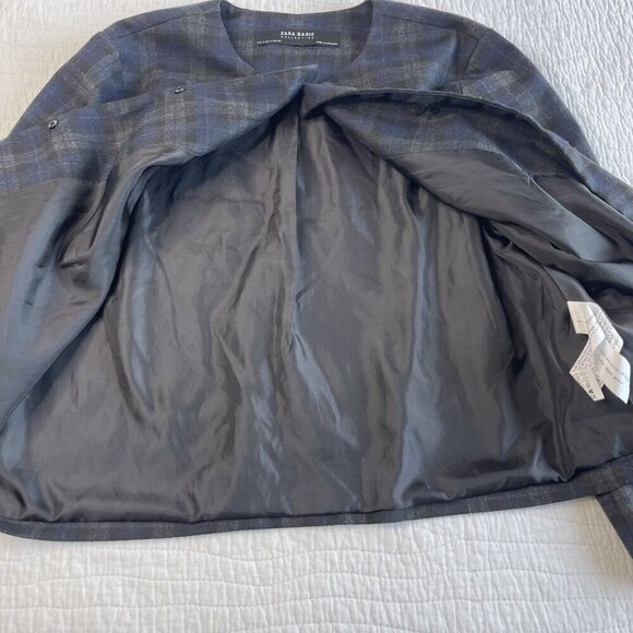 ZARA Basic Plaid Jacket SZ S Modern Crop Ruffle Bell Sleeve Blazer Navy Black - Picture 7 of 10